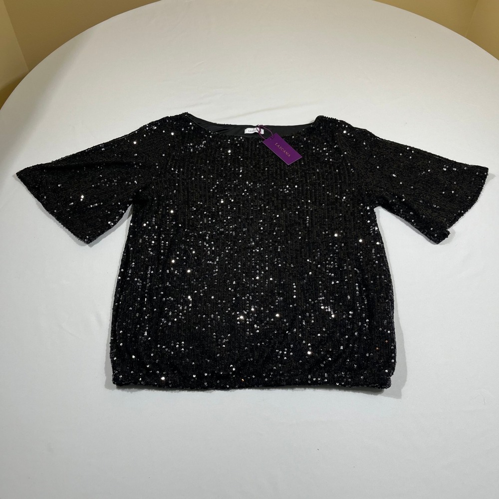 Lascana Sequin Top Women 8/10 Black Short Flutter Sleeve Holiday Party Blouse
